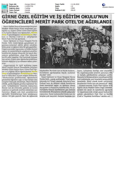 Girne Özel Eğitim Ve İş Eğitim Okulu nun Öğrencileri Merit Park Otel de Ağırlandı